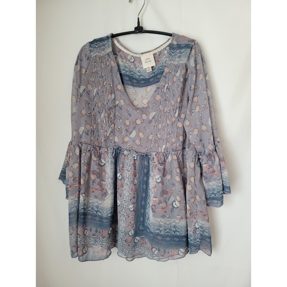 Knox Rose Women's Floral Smocked Bell Sleeve Tunic‎ Top Blouse Size M Blue Grey